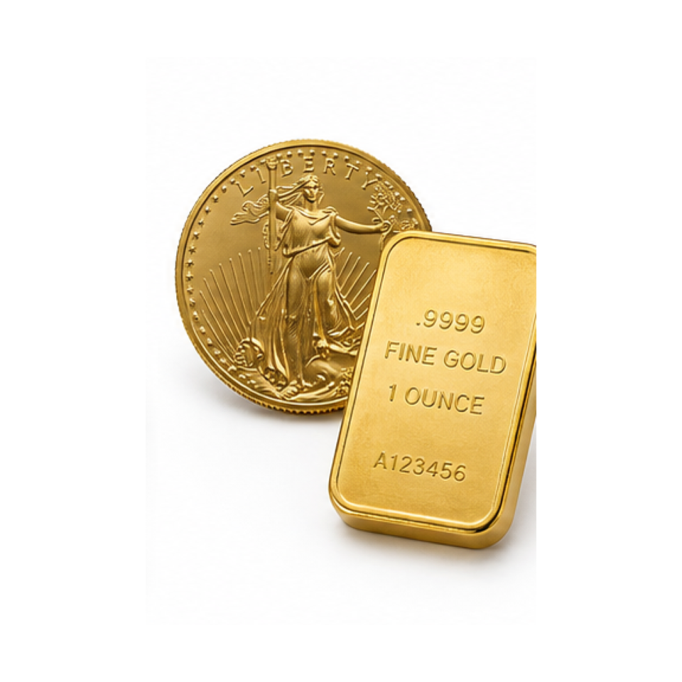 Gold coins and a fine gold bar
