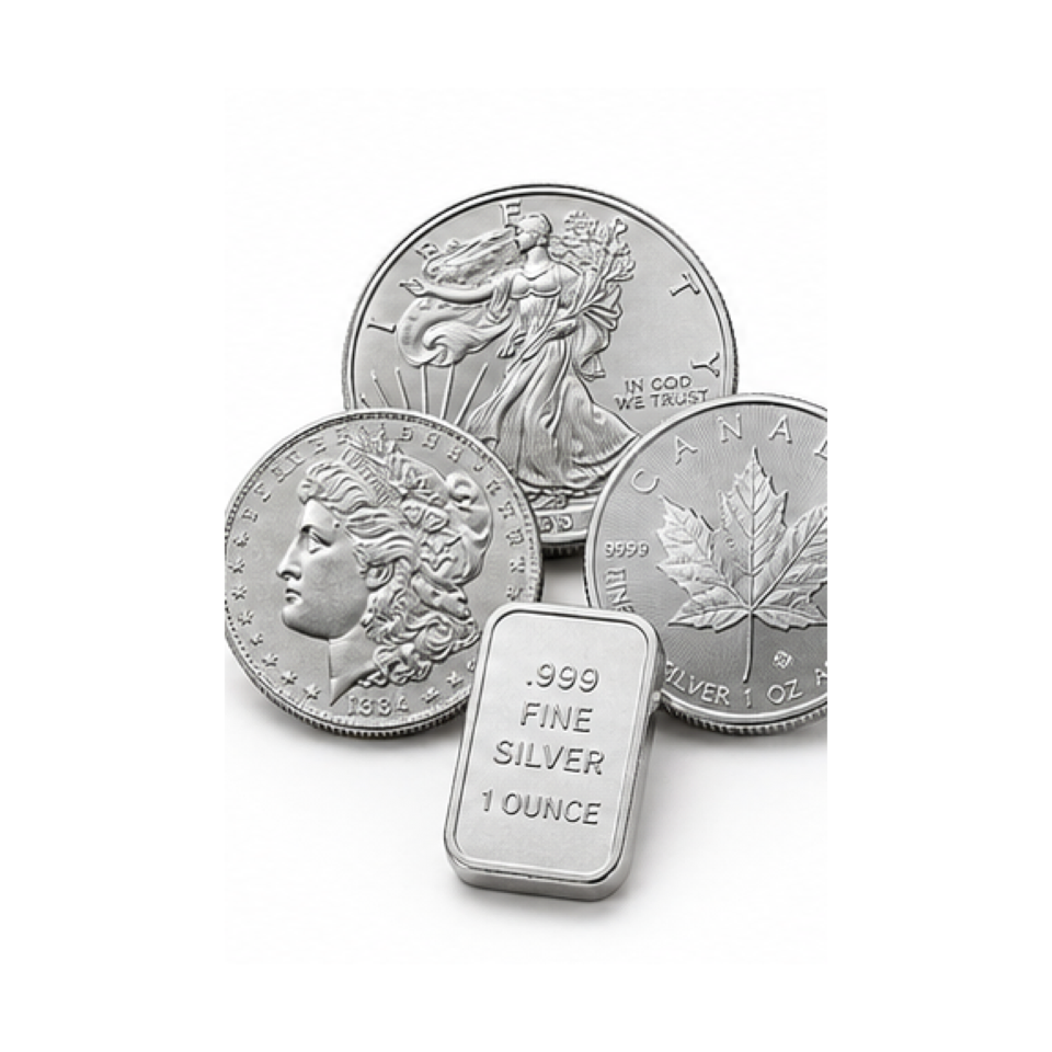 Silver bullion bar and coins on a white surface