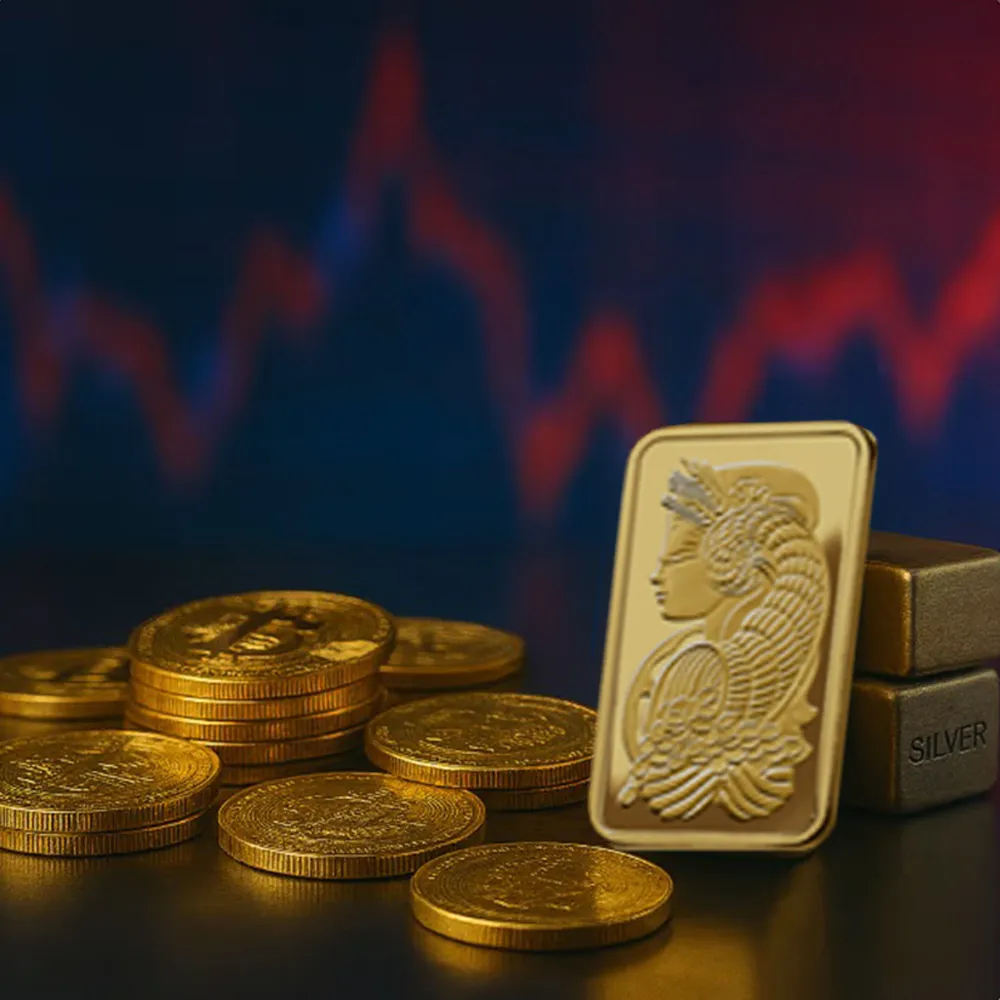 Gold coins and a PAMP gold bar arranged in front of a market chart