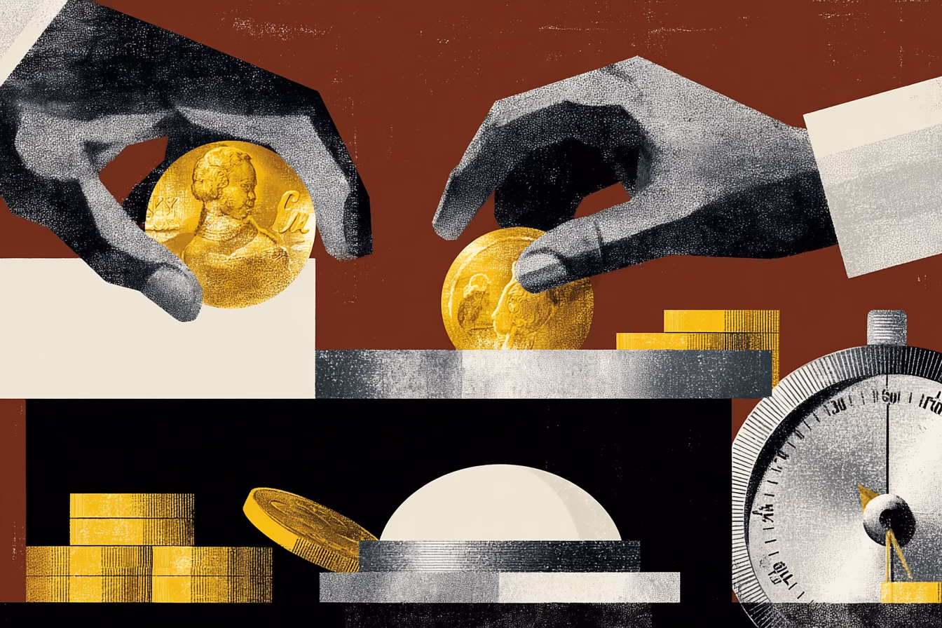 Editorial collage of hands inspecting gold coins with scale and counterfeiting checks