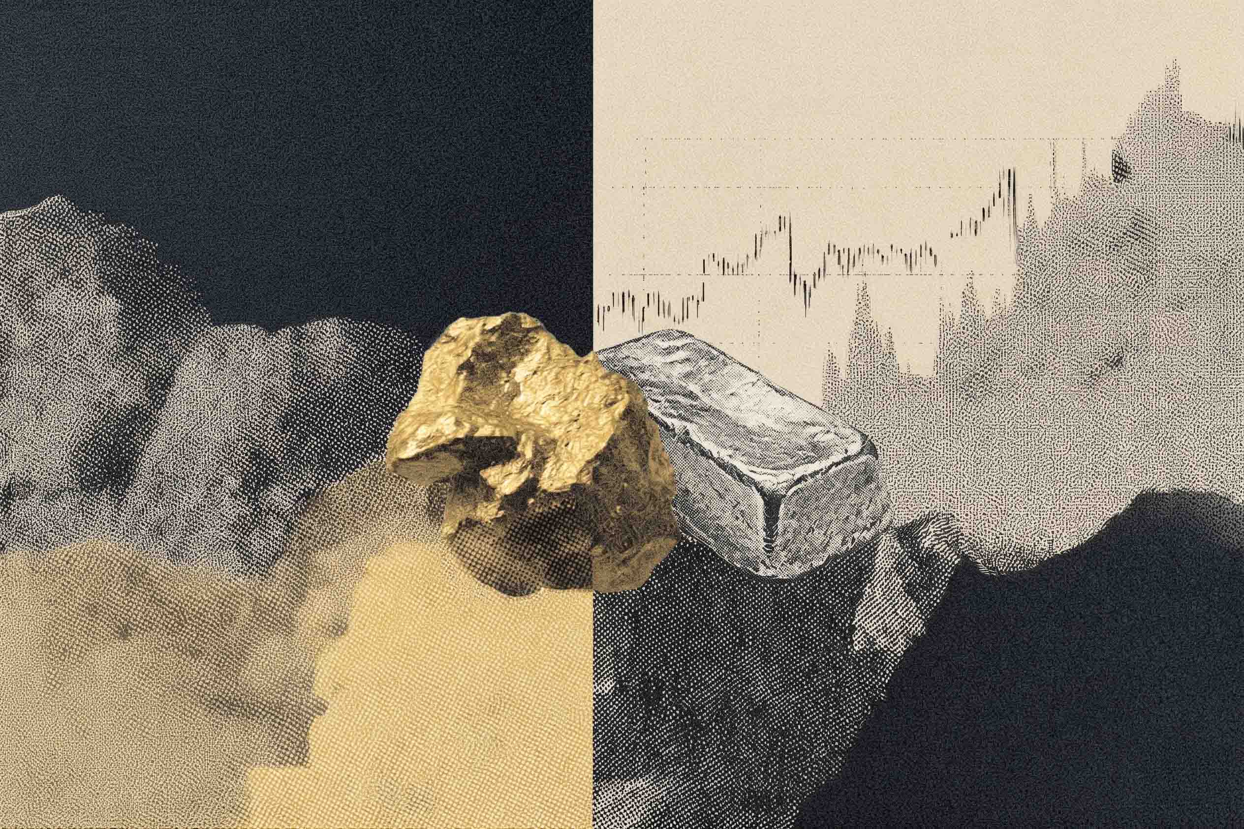 Editorial collage of gold, silver, market chart, and institutional precious-metals cues